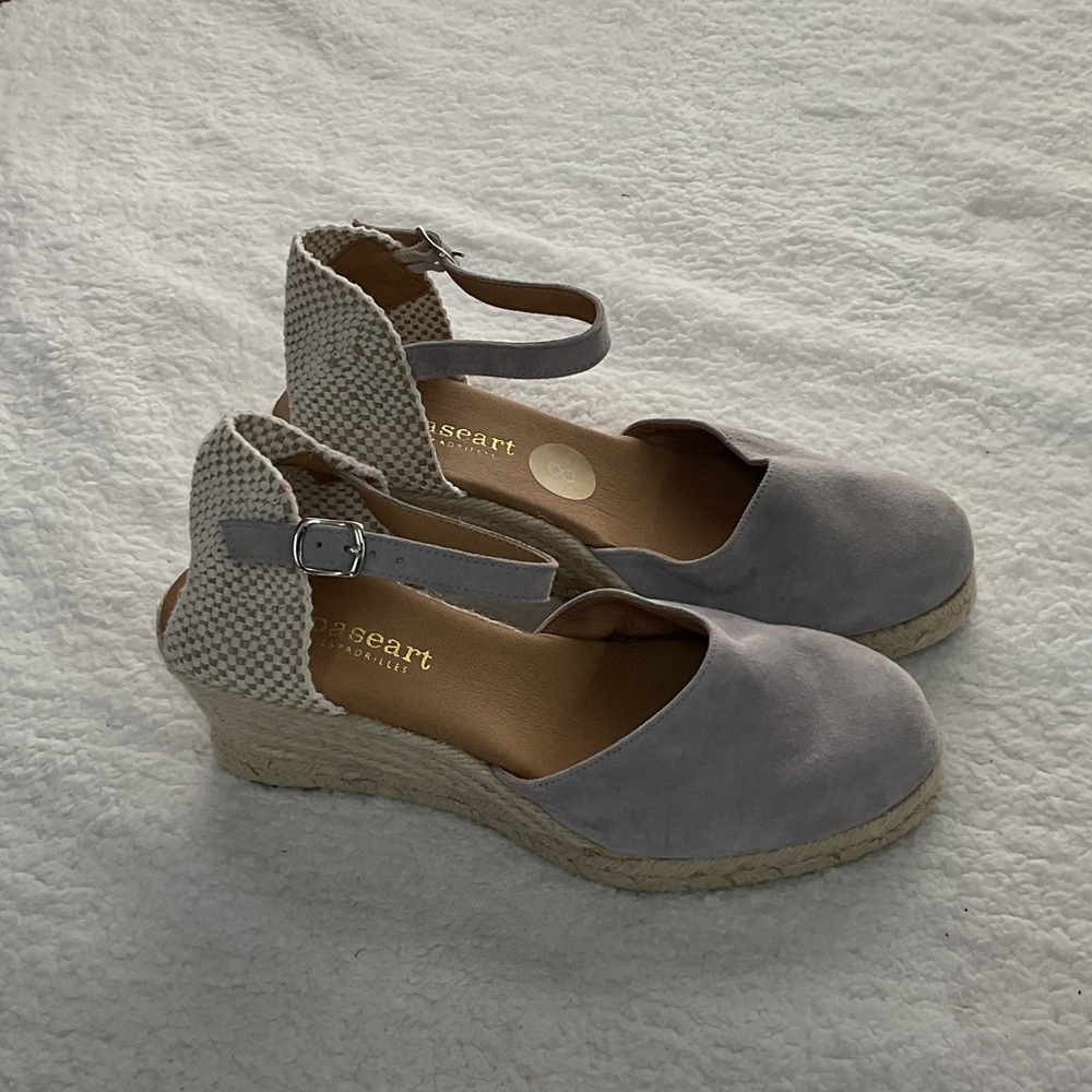 Gray and Beige Espadrille Wedges